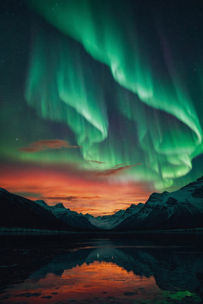 Green lights in the sky over mountains Green lights in the sky over mountains