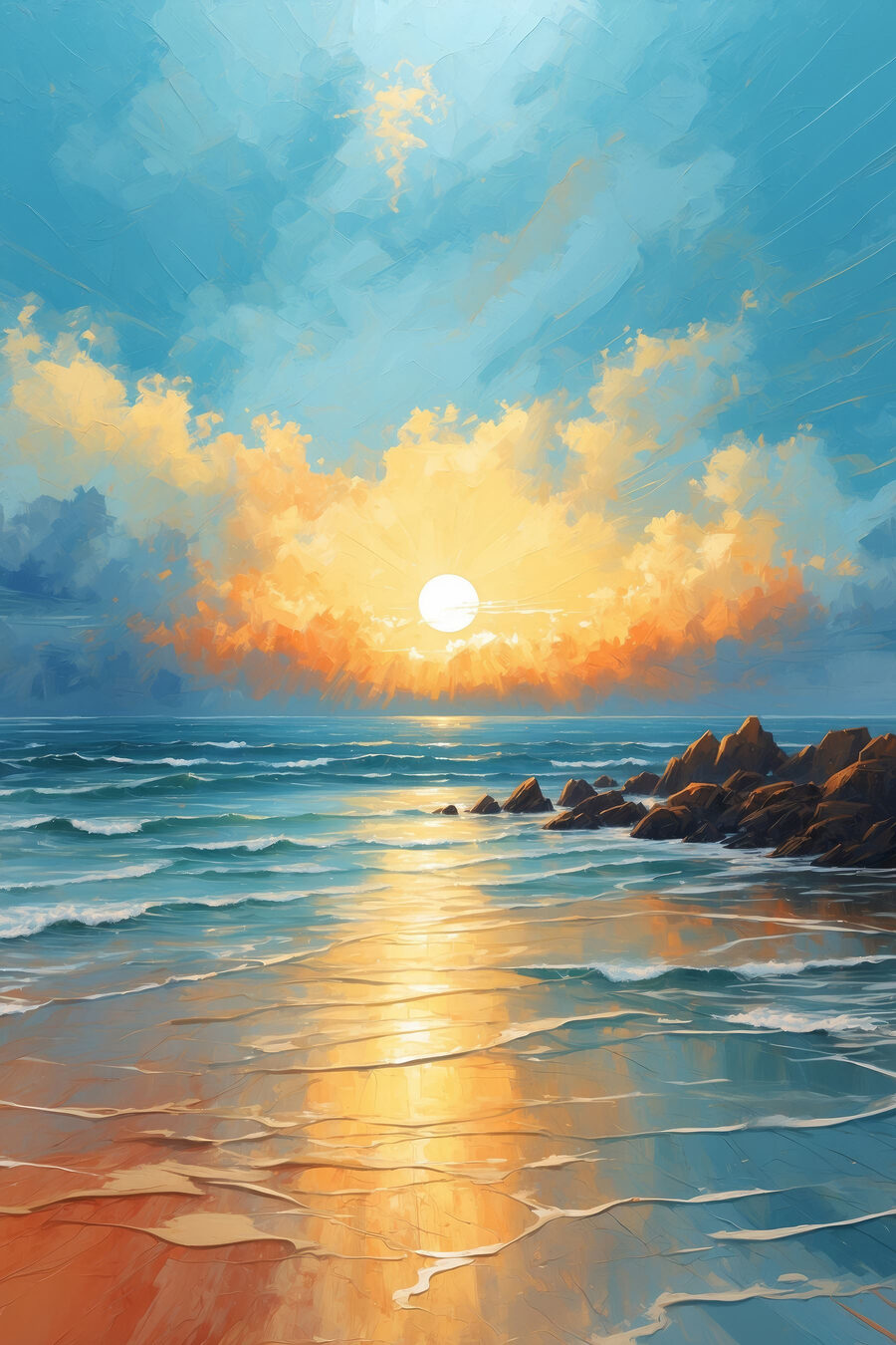 Peinture d'une plage avec des rochers, de l'eau et le soleil