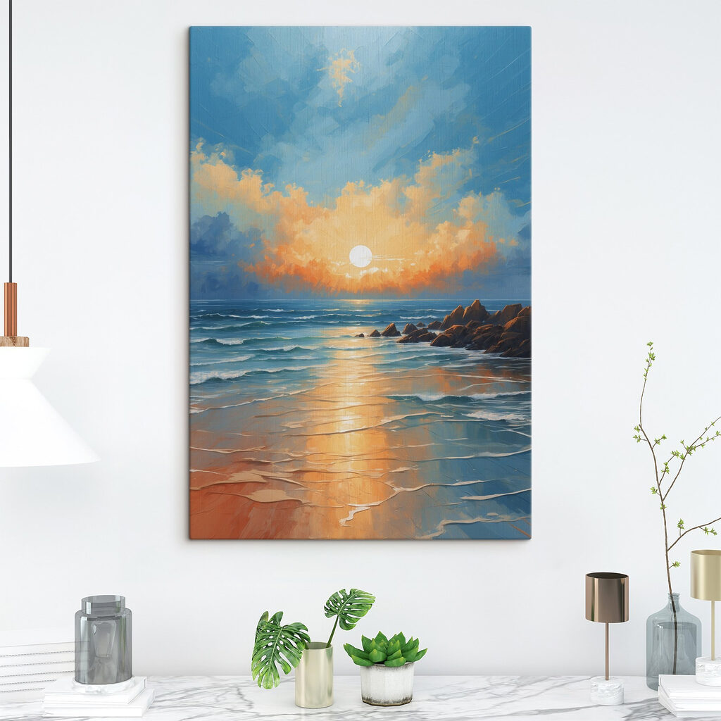 Painting of a beach with rocks and water and the sun