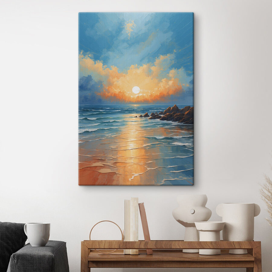Peinture d'une plage avec des rochers, de l'eau et le soleil