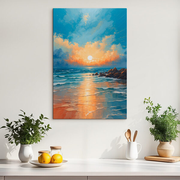 Peinture d'une plage avec des rochers, de l'eau et le soleil Peinture d'une plage avec des rochers, de l'eau et le soleil