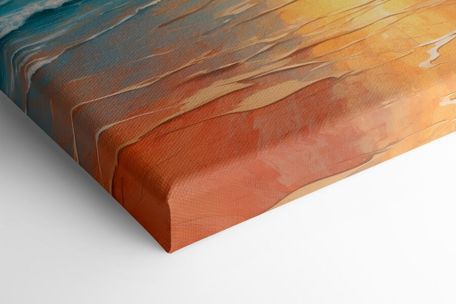 Peinture d'une plage avec des rochers, de l'eau et le soleil