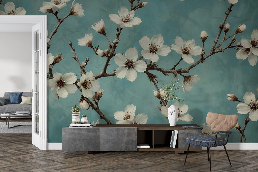 Blossoms dancing against a blue background