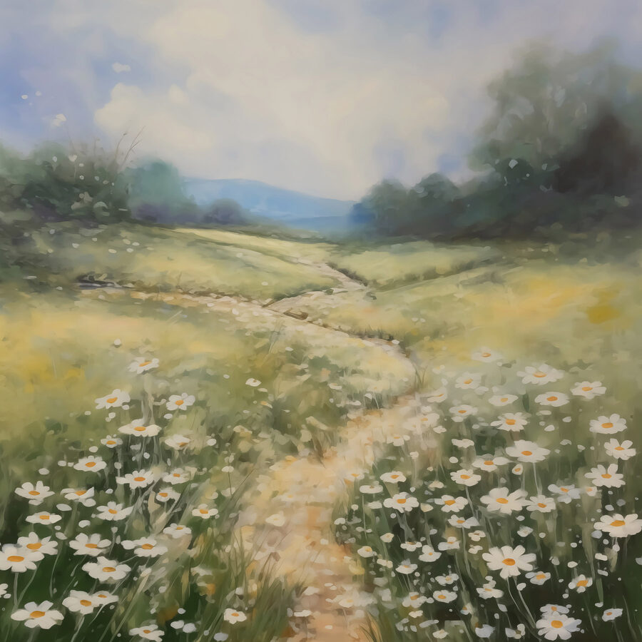 Peinture d'un chemin dans un champ de fleurs