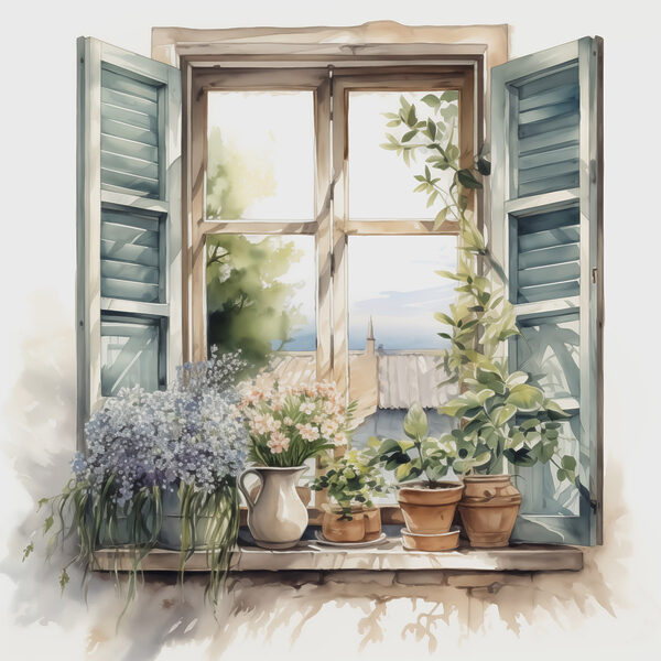 Aquarelle d'une fenêtre avec des plantes en pot Aquarelle d'une fenêtre avec des plantes en pot