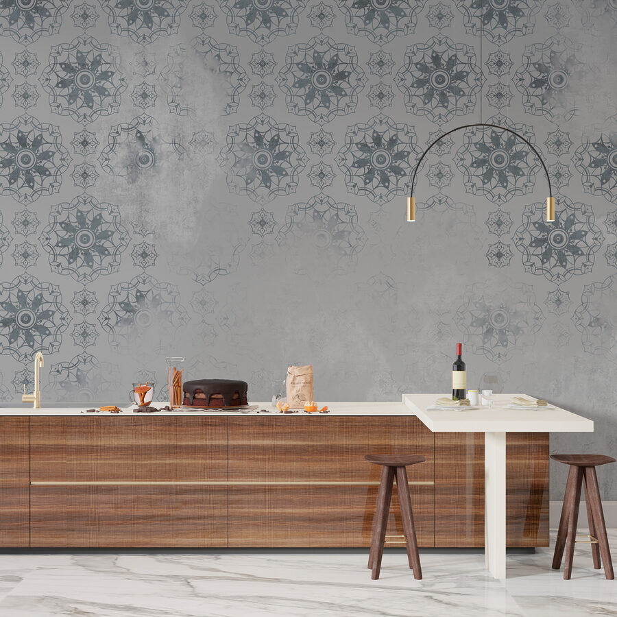Papier peint gris et blanc à motifs