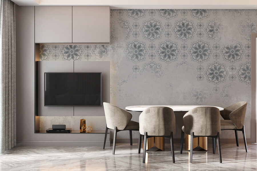 Papier peint gris et blanc à motifs
