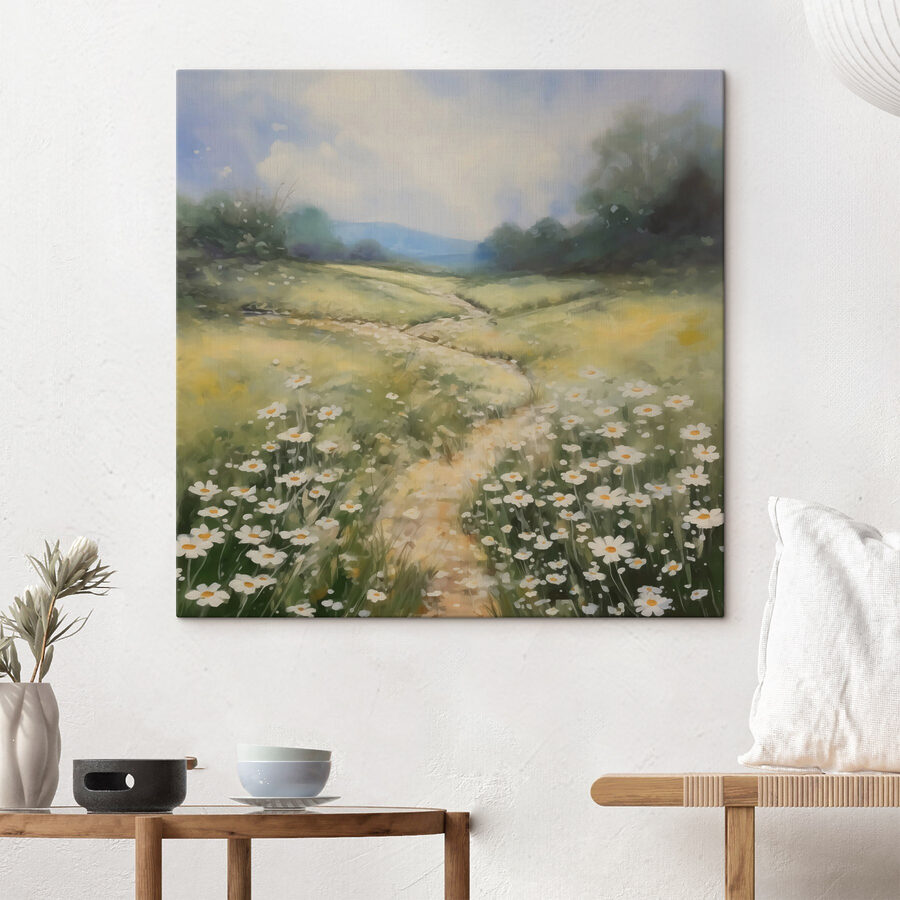 Peinture d'un chemin dans un champ de fleurs