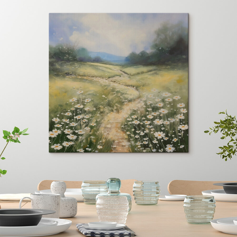 Peinture d'un chemin dans un champ de fleurs