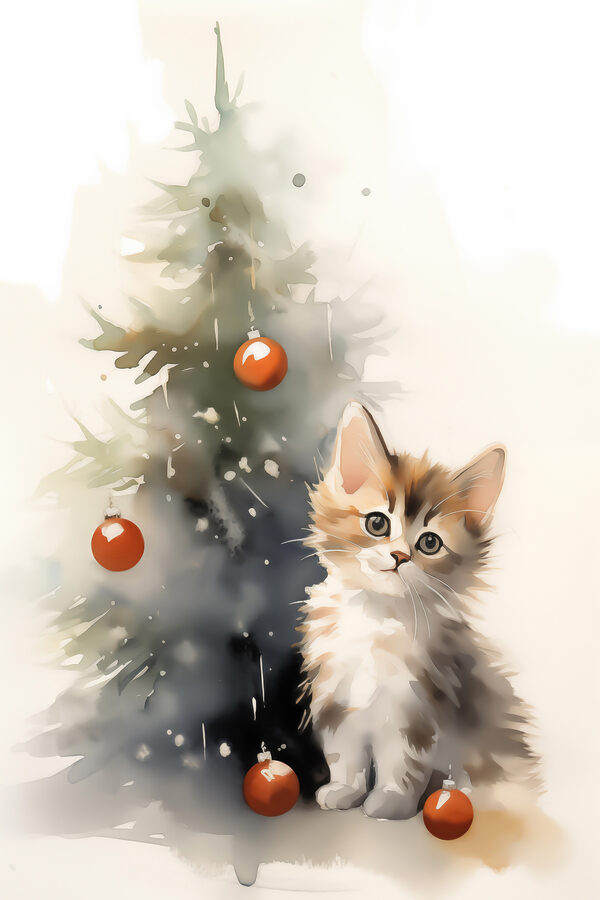 Chat à côté d'un arbre de Noël Chat à côté d'un arbre de Noël