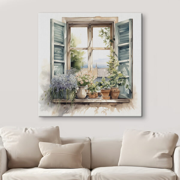 Aquarelle d'une fenêtre avec des plantes en pot Aquarelle d'une fenêtre avec des plantes en pot