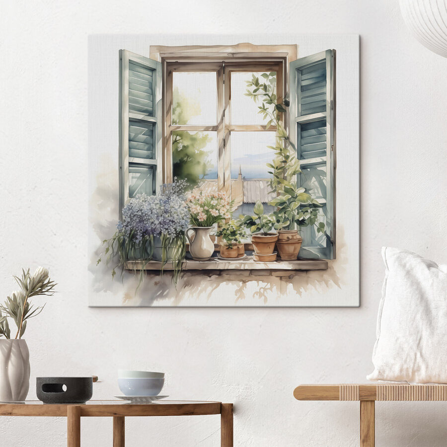 Aquarelle d'une fenêtre avec des plantes en pot