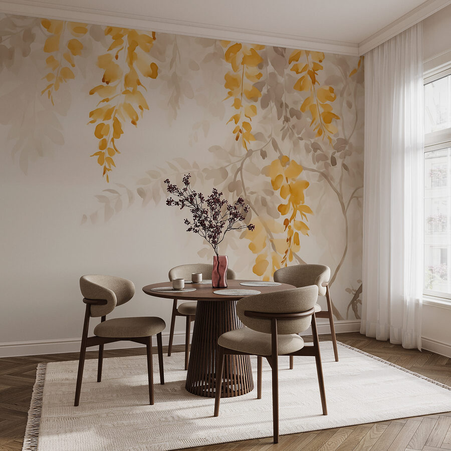 Feuilles jaunes et grises sur fond blanc