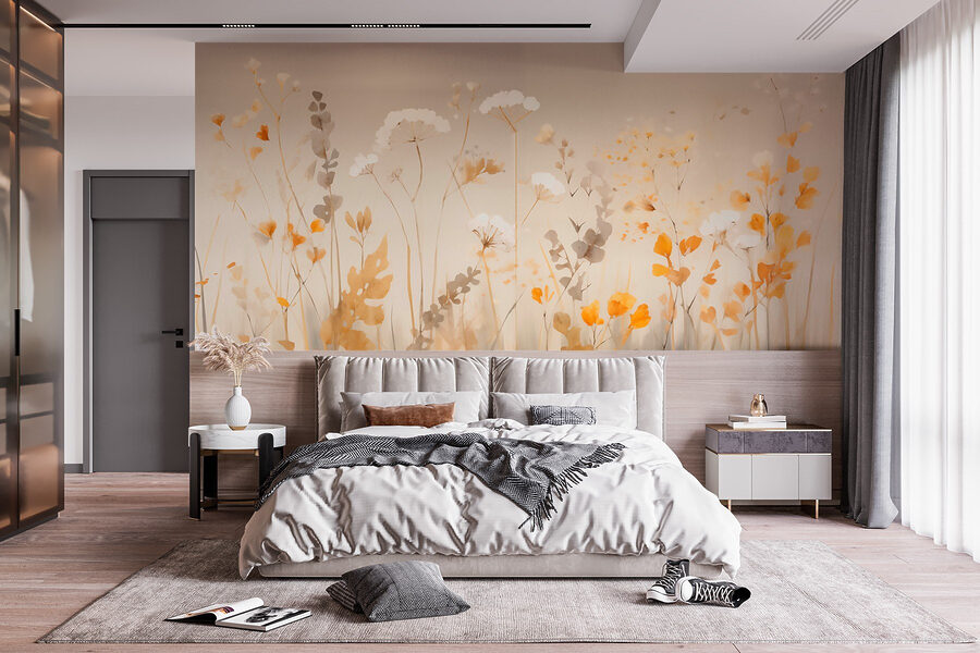 Papier peint Peinture de fleurs et de feuilles