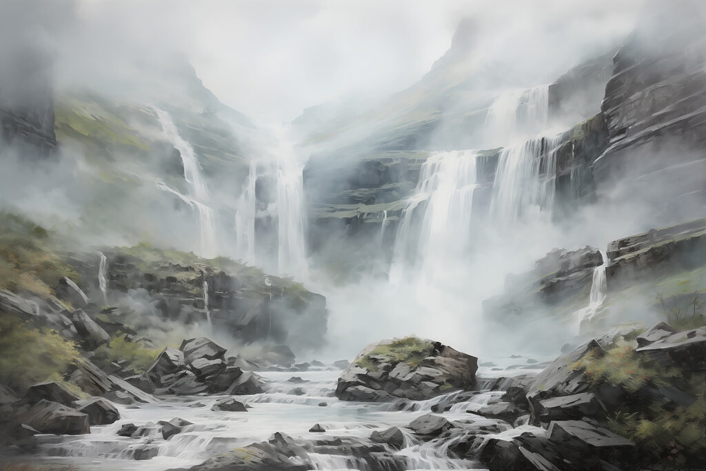Chute d'eau dans les montagnes brumeuses Chute d'eau dans les montagnes brumeuses