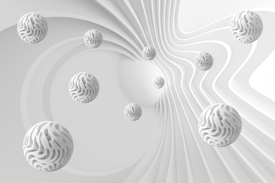 Surface blanche tourbillonnante avec des boules blanches