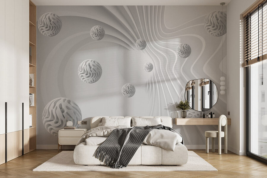 Surface blanche tourbillonnante avec des boules blanches