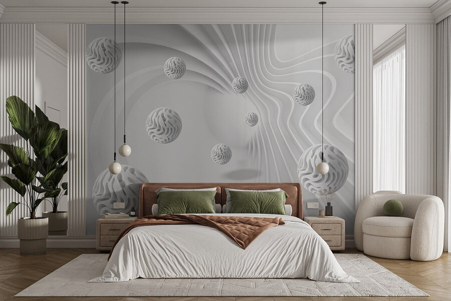 Surface blanche tourbillonnante avec des boules blanches