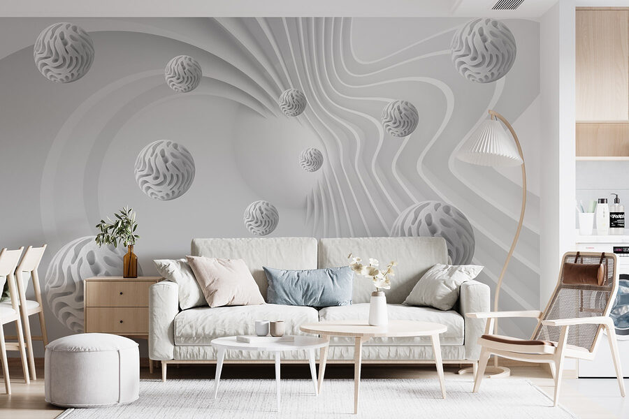 Surface blanche tourbillonnante avec des boules blanches