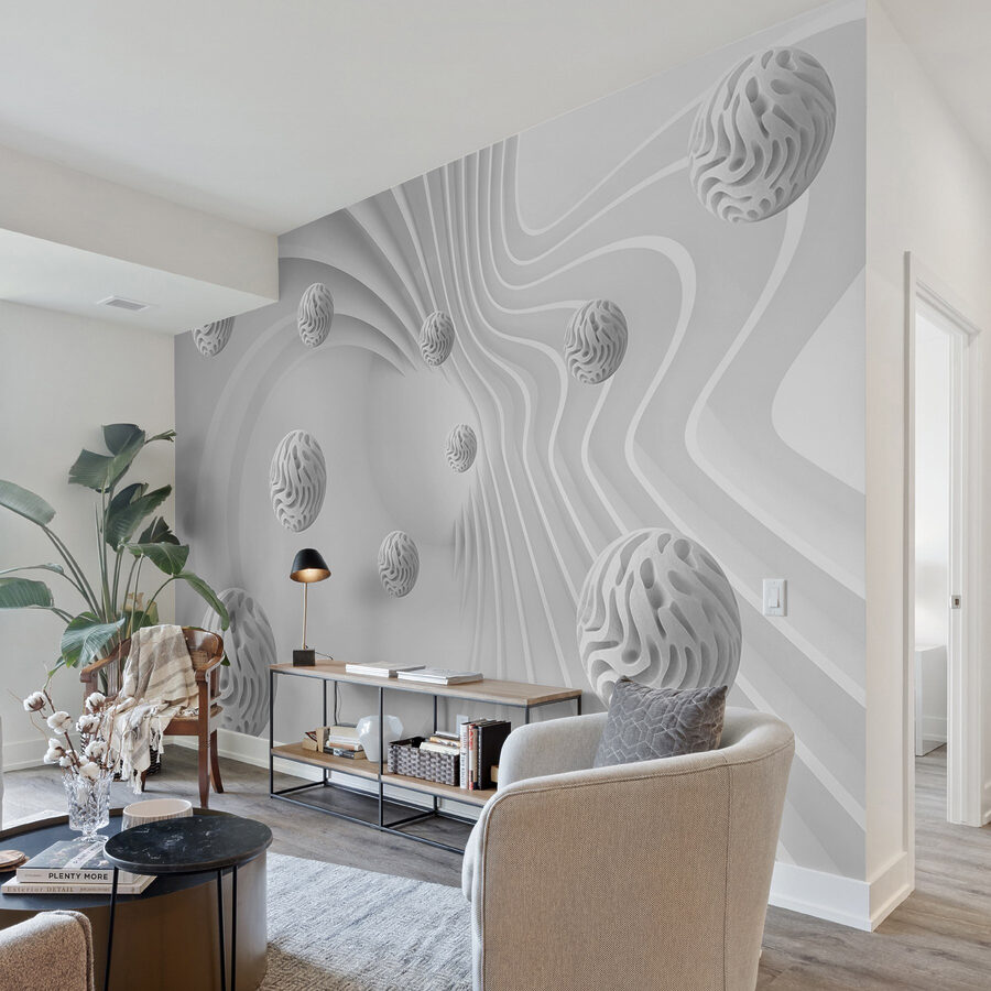 Surface blanche tourbillonnante avec des boules blanches
