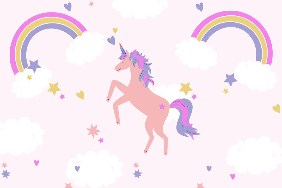 Licorne avec arc-en-ciel et étoiles