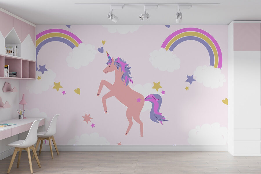 Licorne avec arc-en-ciel et étoiles