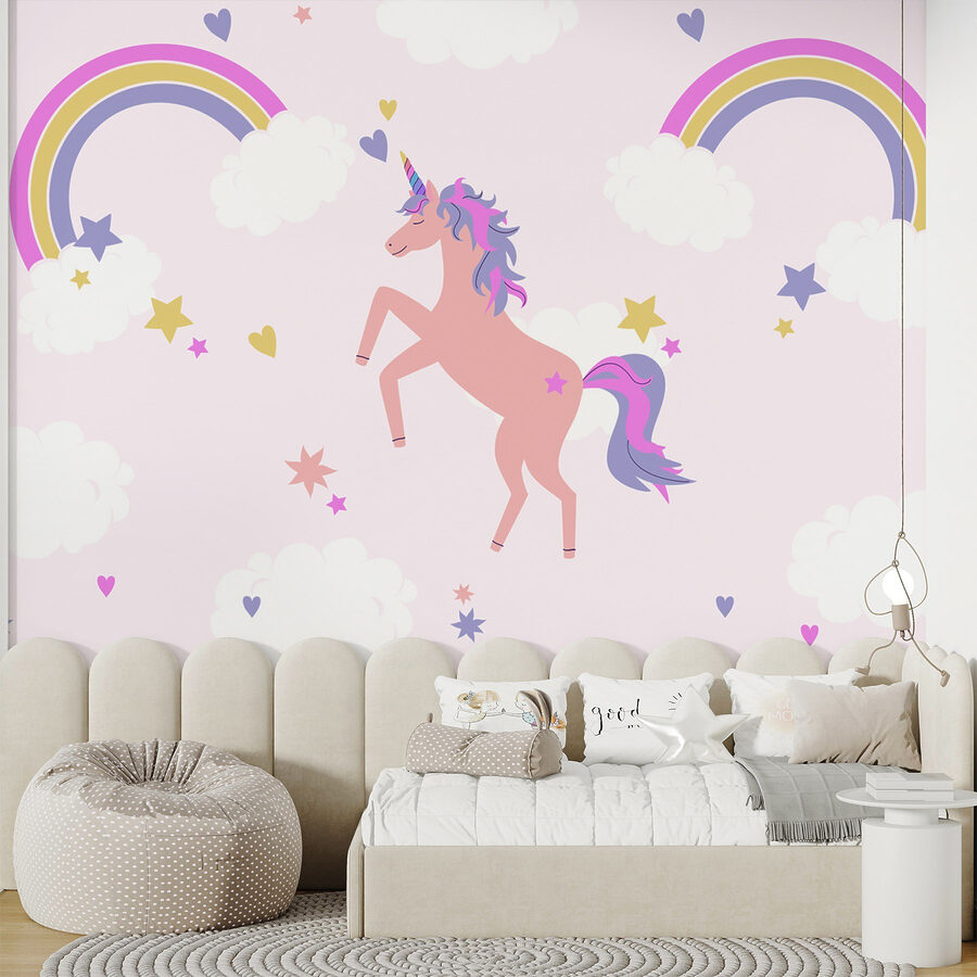 Licorne avec arc-en-ciel et étoiles