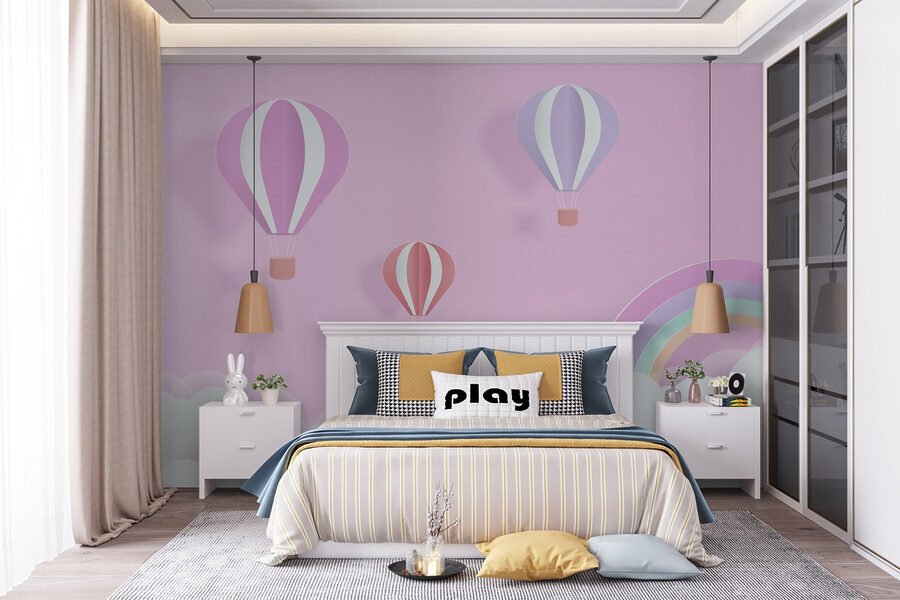 Papier peint Fond rose avec des ballons et un arc-en-ciel