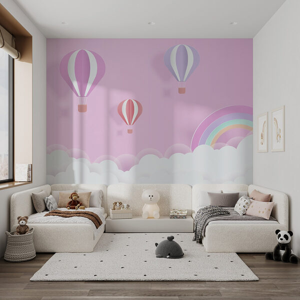 Fond rose avec des ballons et un arc-en-ciel Fond rose avec des ballons et un arc-en-ciel
