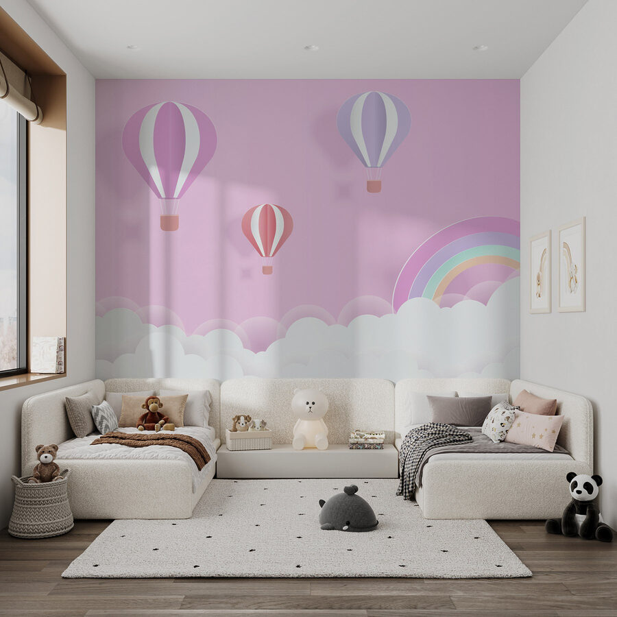 Papier peint Fond rose avec des ballons et un arc-en-ciel – Image 2