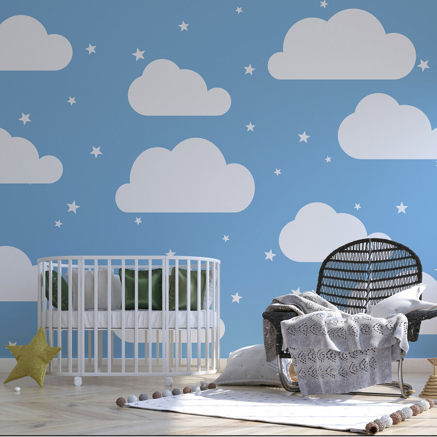 Ciel bleu avec nuages blancs et étoiles