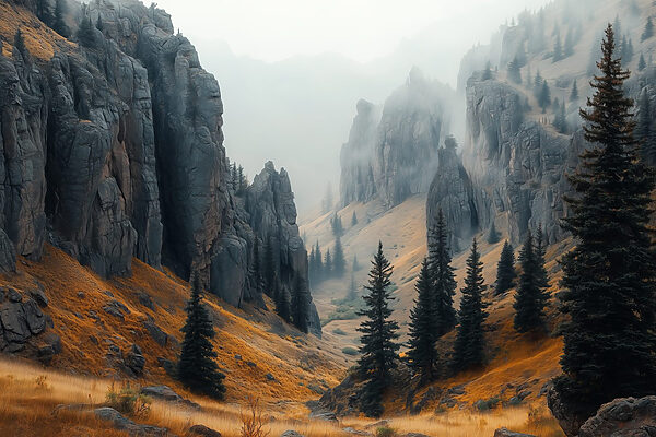 Montagnes rocheuses avec arbres et brouillard Montagnes rocheuses avec arbres et brouillard
