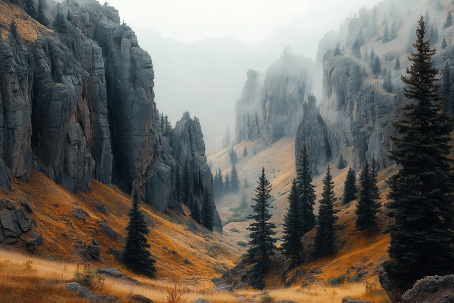 Papier peint Montagnes rocheuses avec arbres et brouillard – Image 4