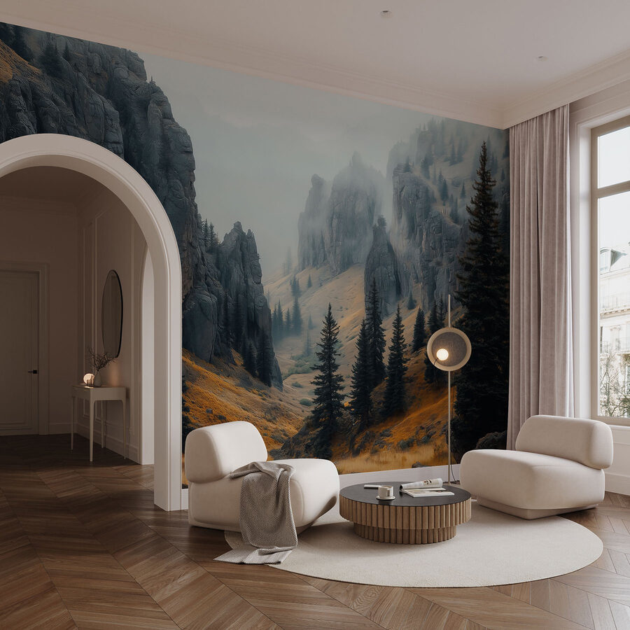 Papier peint Montagnes rocheuses avec arbres et brouillard