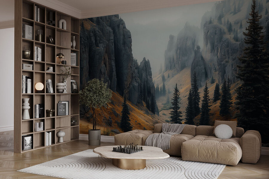 Papier peint Montagnes rocheuses avec arbres et brouillard – Image 2