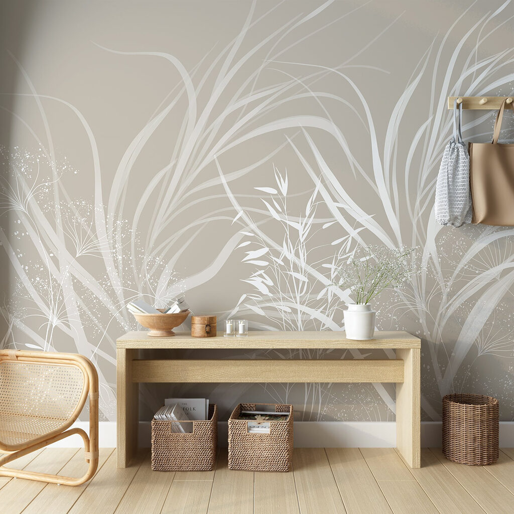 White floral design on a grey background