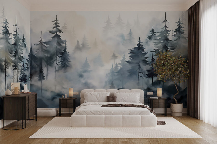 Peinture d'arbres et de brouillard