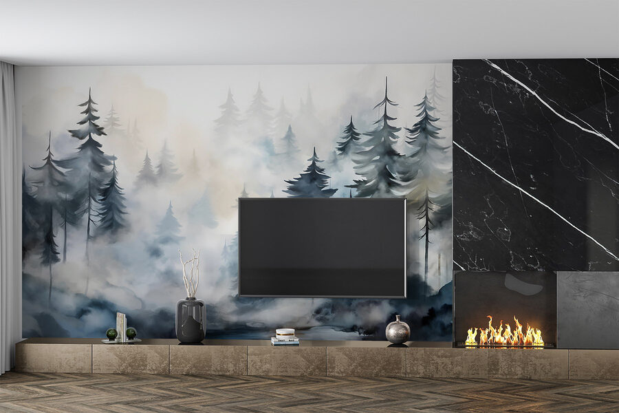 Peinture d'arbres et de brouillard