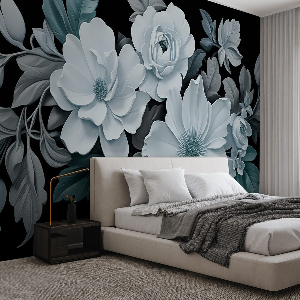 Group of white flowers with black leaves Group of white flowers with black leaves