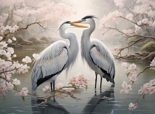Couple d'oiseaux blancs dans l'eau avec des fleurs roses Couple d'oiseaux blancs dans l'eau avec des fleurs roses