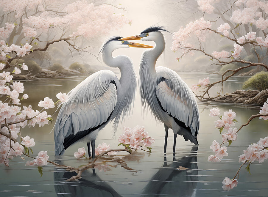 Couple d'oiseaux blancs dans l'eau avec des fleurs roses Couple d'oiseaux blancs dans l'eau avec des fleurs roses