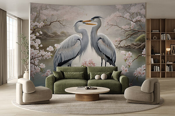 Couple d'oiseaux blancs dans l'eau avec des fleurs roses Couple d'oiseaux blancs dans l'eau avec des fleurs roses