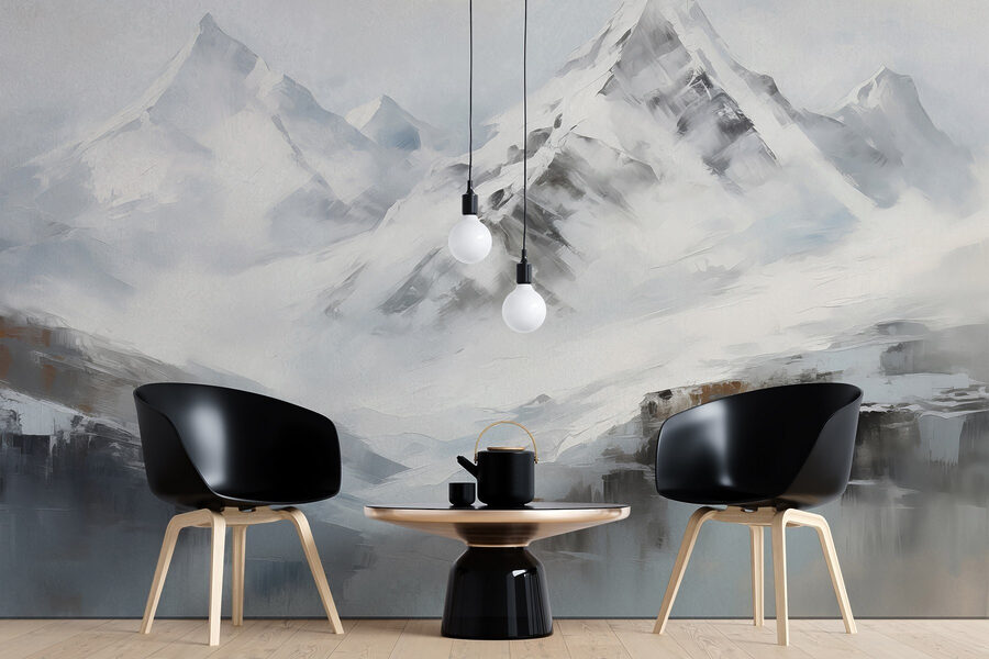 Peinture d'une chaîne de montagnes enneigées