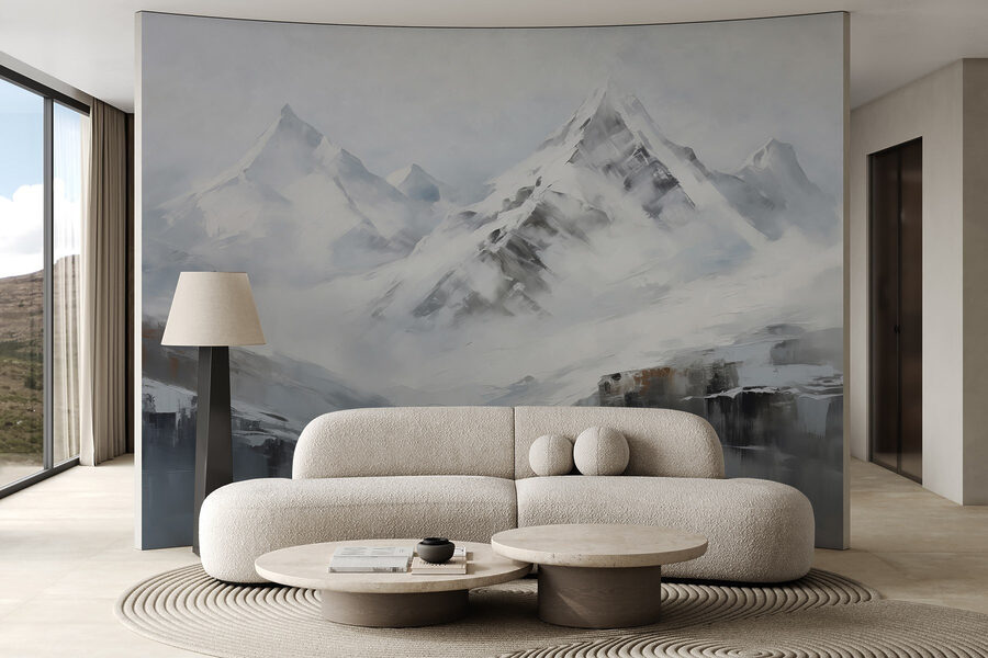 Peinture d'une chaîne de montagnes enneigées