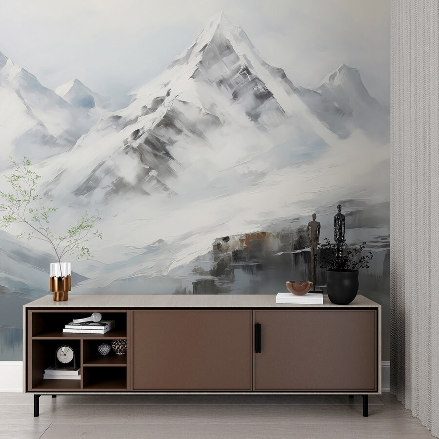 Peinture d'une chaîne de montagnes enneigées