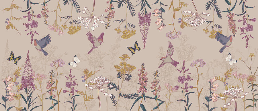 Papier peint avec des oiseaux et des fleurs