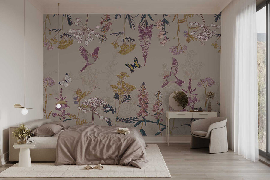 Papier peint avec des oiseaux et des fleurs