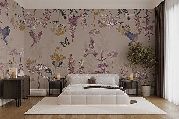 Papier peint avec des oiseaux et des fleurs Papier peint avec des oiseaux et des fleurs