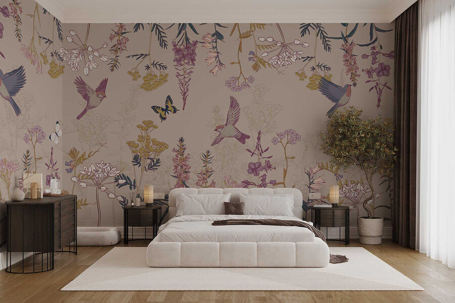 Papier peint avec des oiseaux et des fleurs
