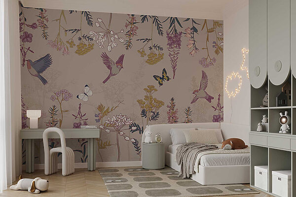 Papier peint avec des oiseaux et des fleurs Papier peint avec des oiseaux et des fleurs